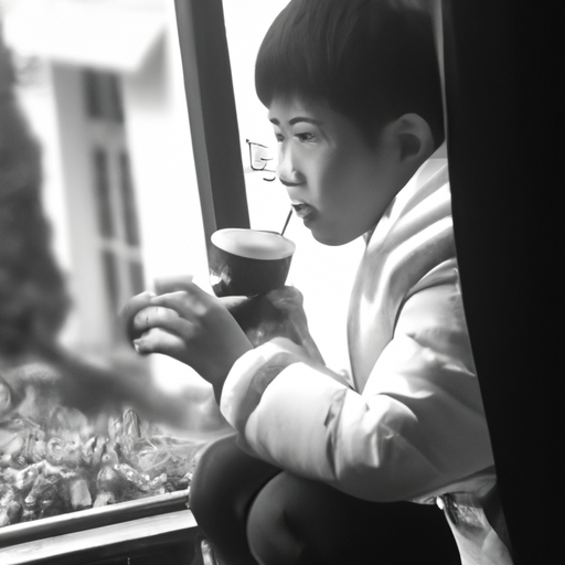 画一个小男孩坐在窗户边手里拿着一杯咖啡(3张)